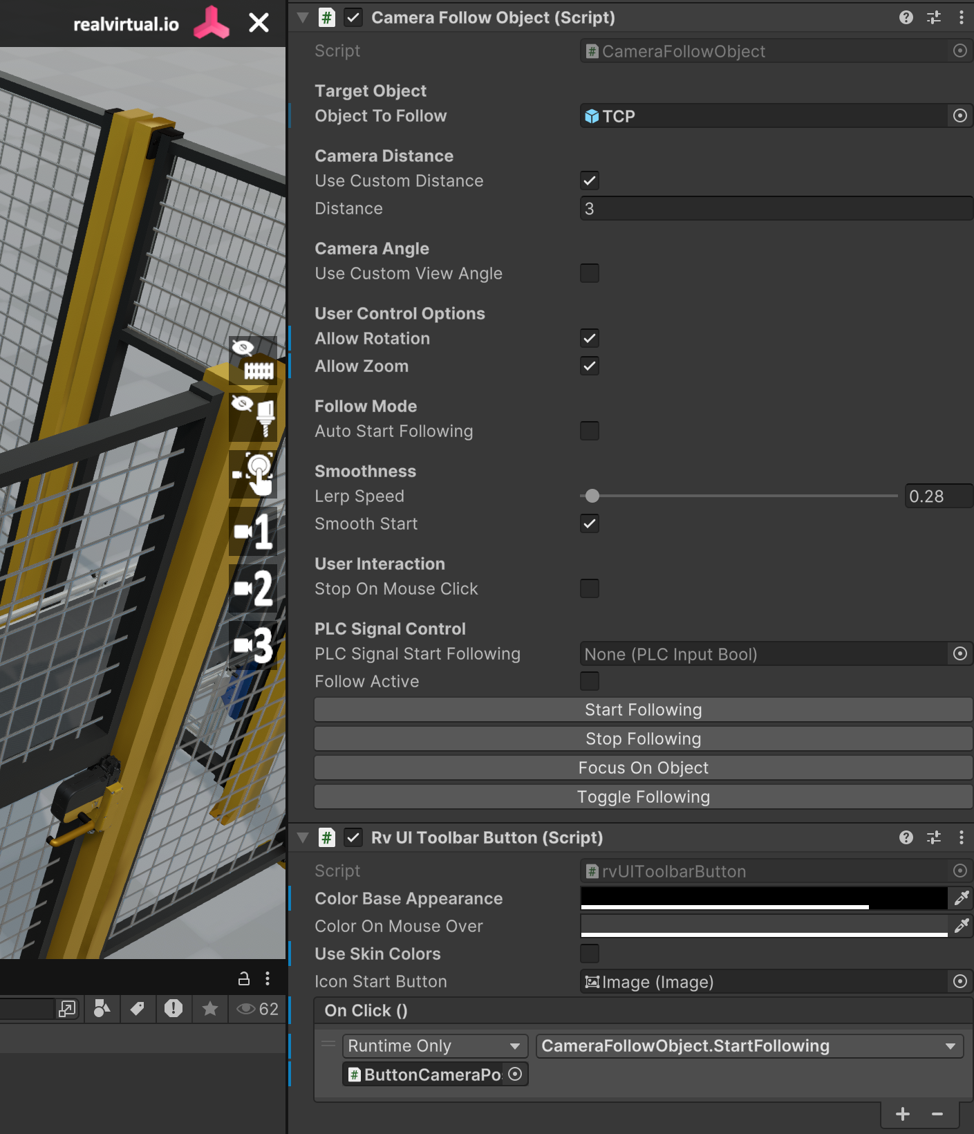 CameraFollowObject Inspector with follow settings