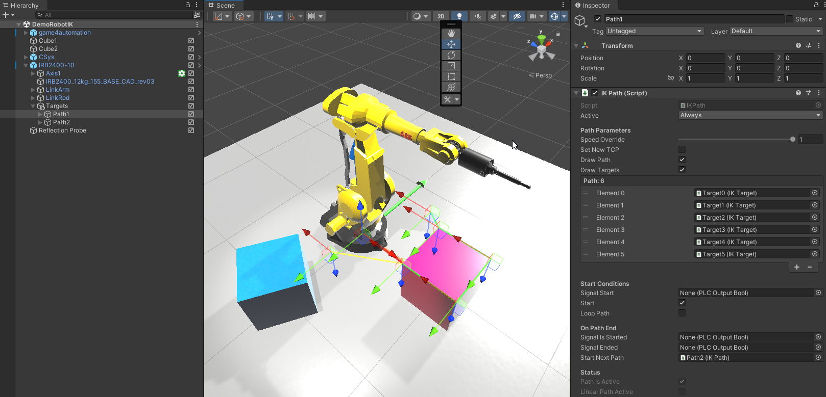 RobotIK demo model with robot arm and path visualization