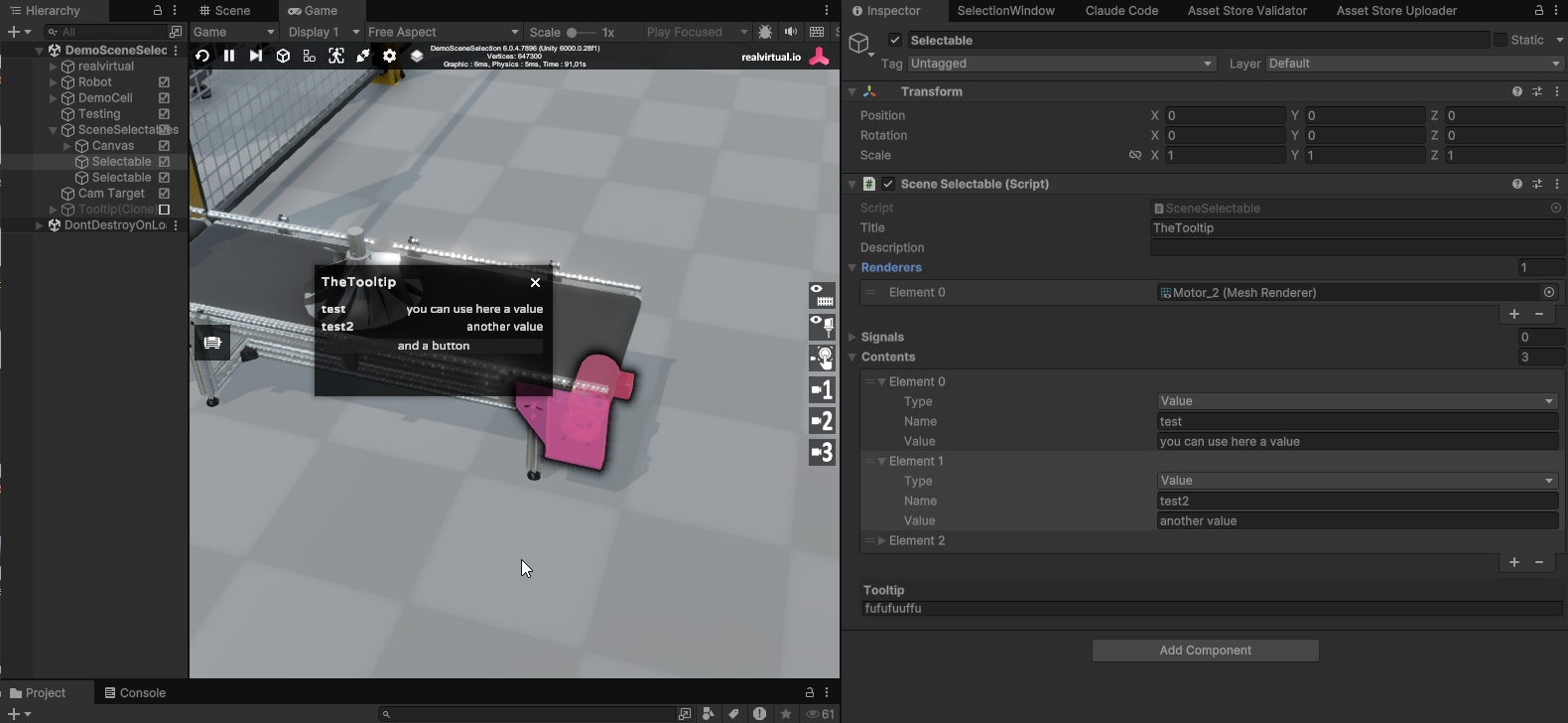 Scene Selection system showing tooltip and selection window