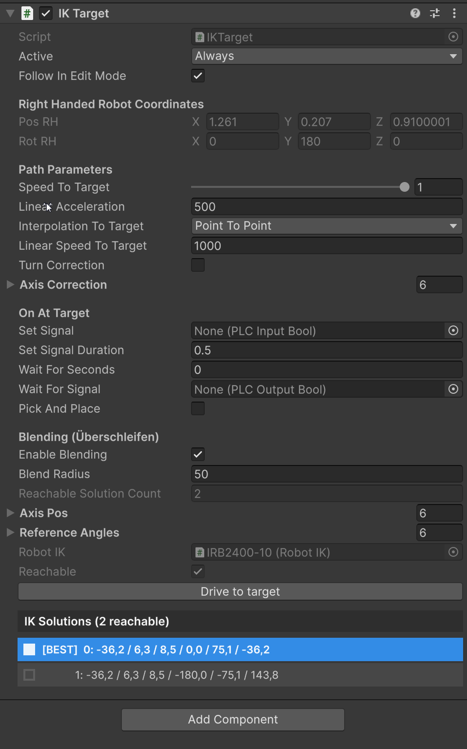 IKTarget Inspector showing blending settings, axis positions, reference angles and IK Solutions picker