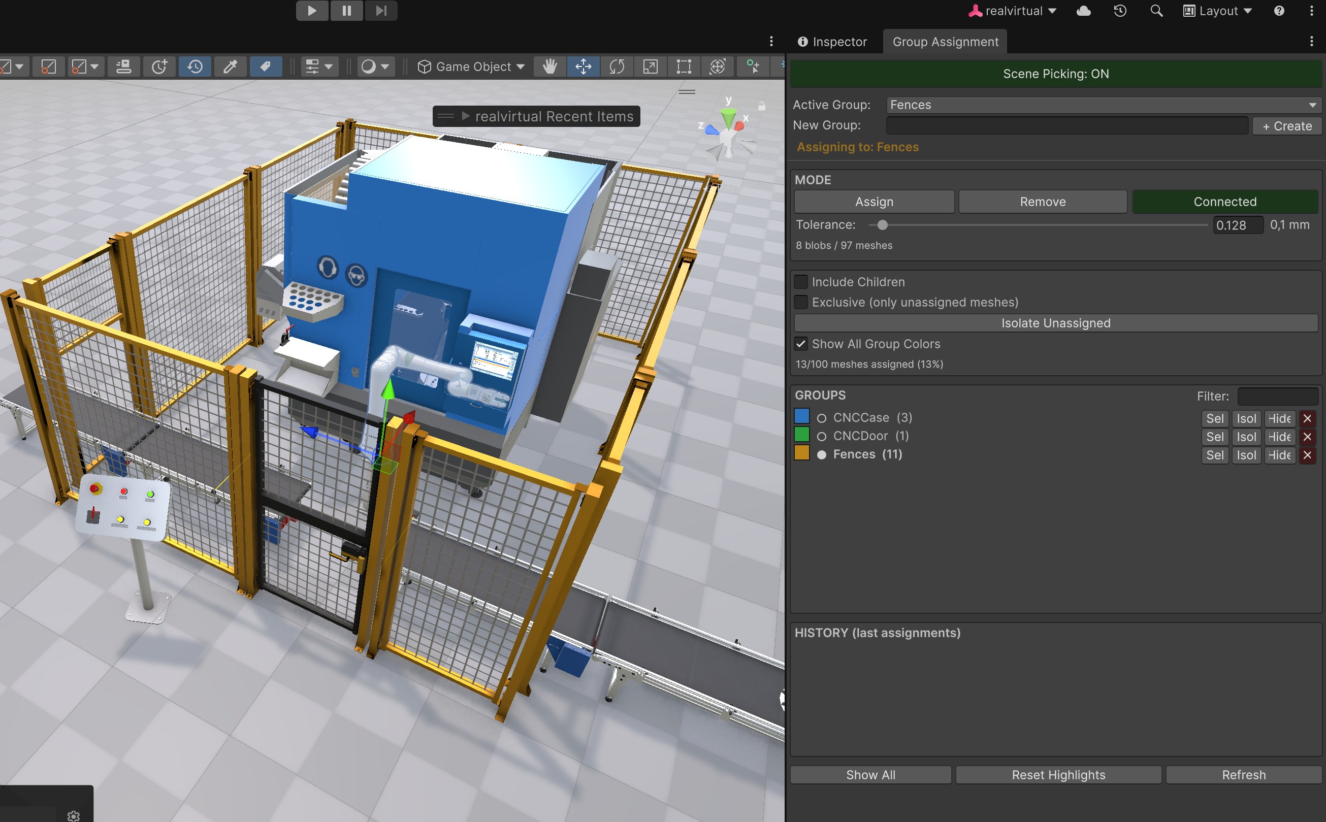Group Assignment Tool assigning fences to a group in the Scene View