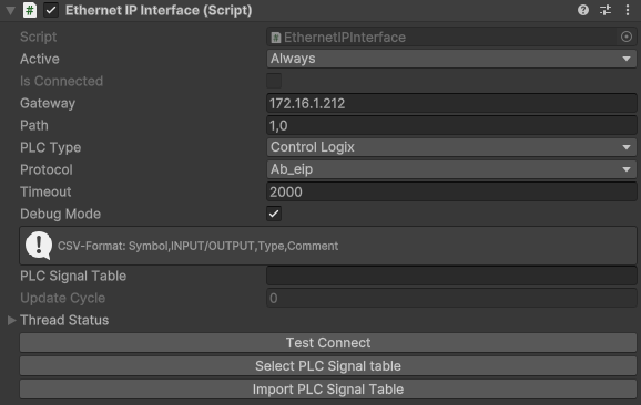 EthernetIP Interface Inspector showing all configuration properties and buttons