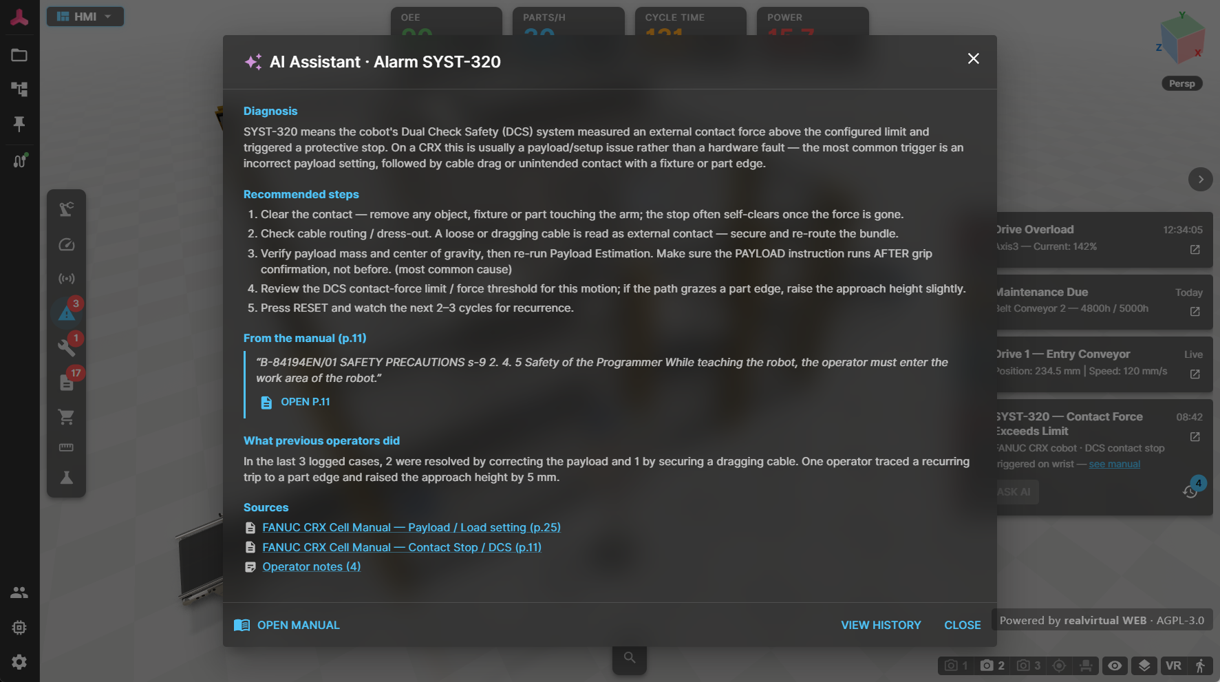 AI assistant panel diagnosing an alarm with cause, recommended steps and cited manual sources