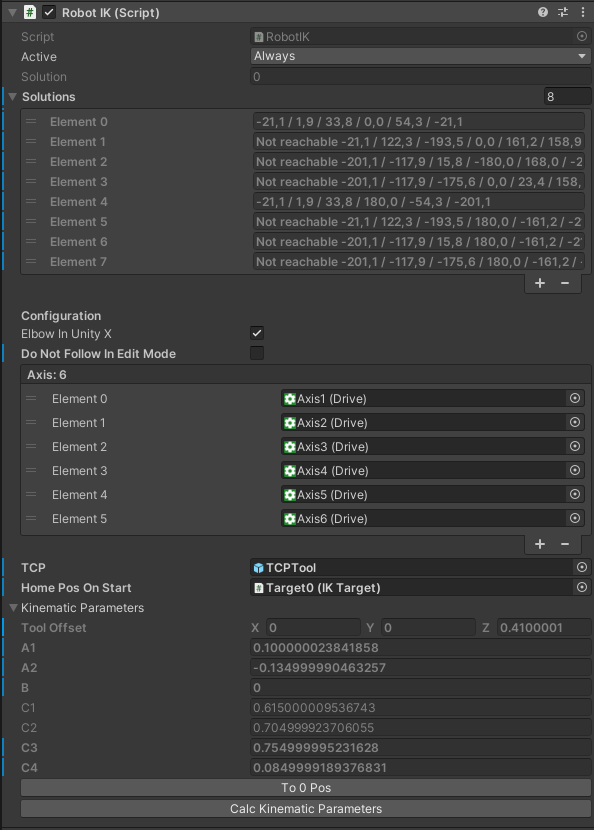 Kinematic parameters in RobotIK inspector