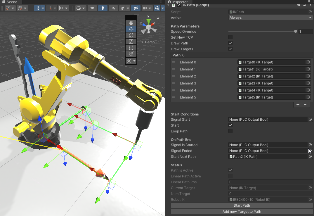 Robot path with targets in scene view