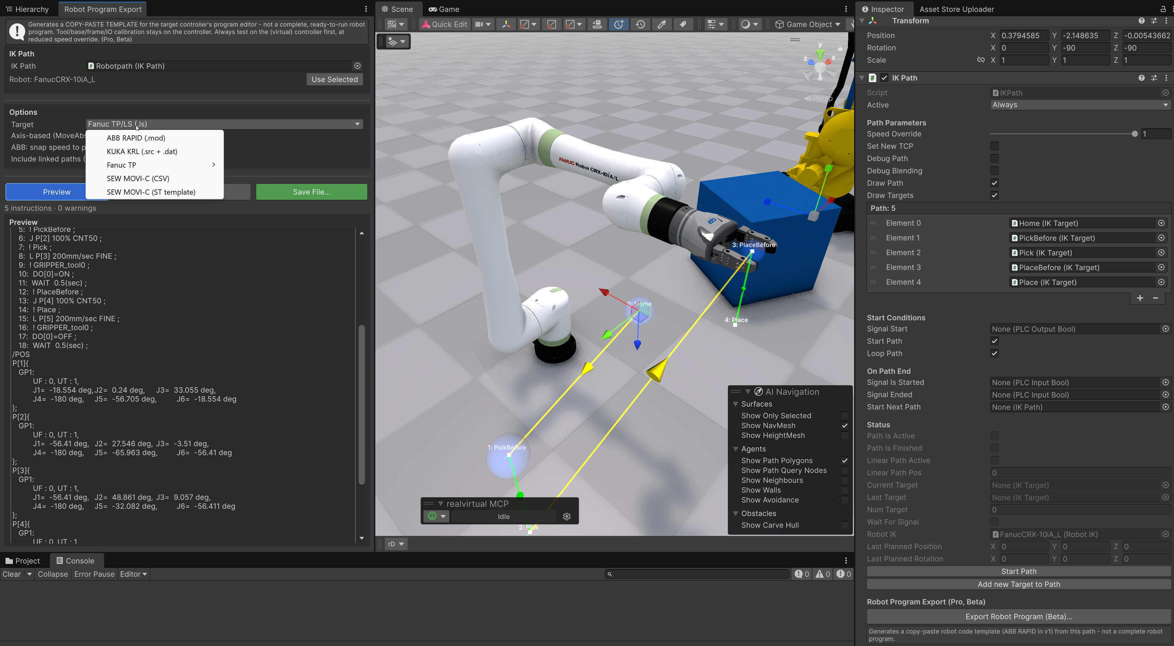 Robot Program Export window with the target dropdown open, a monospace code preview, and the IK Path inspector export button