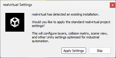 Recommended Project Settings Dialog