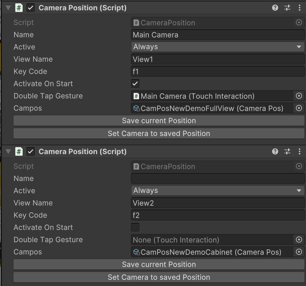 CameraPosition Inspector showing configuration for camera preset views