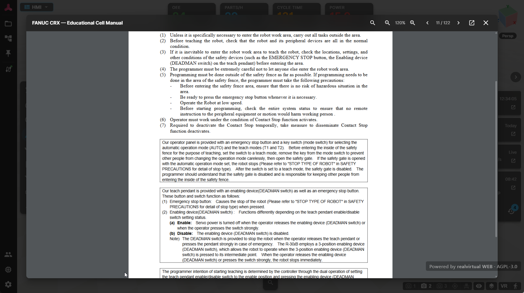 A machine manual PDF opened inside the browser 3D-HMI, deep-linked from an alarm